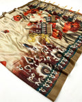 Cream Floral Printed Pashmina Saree With Shawl Set