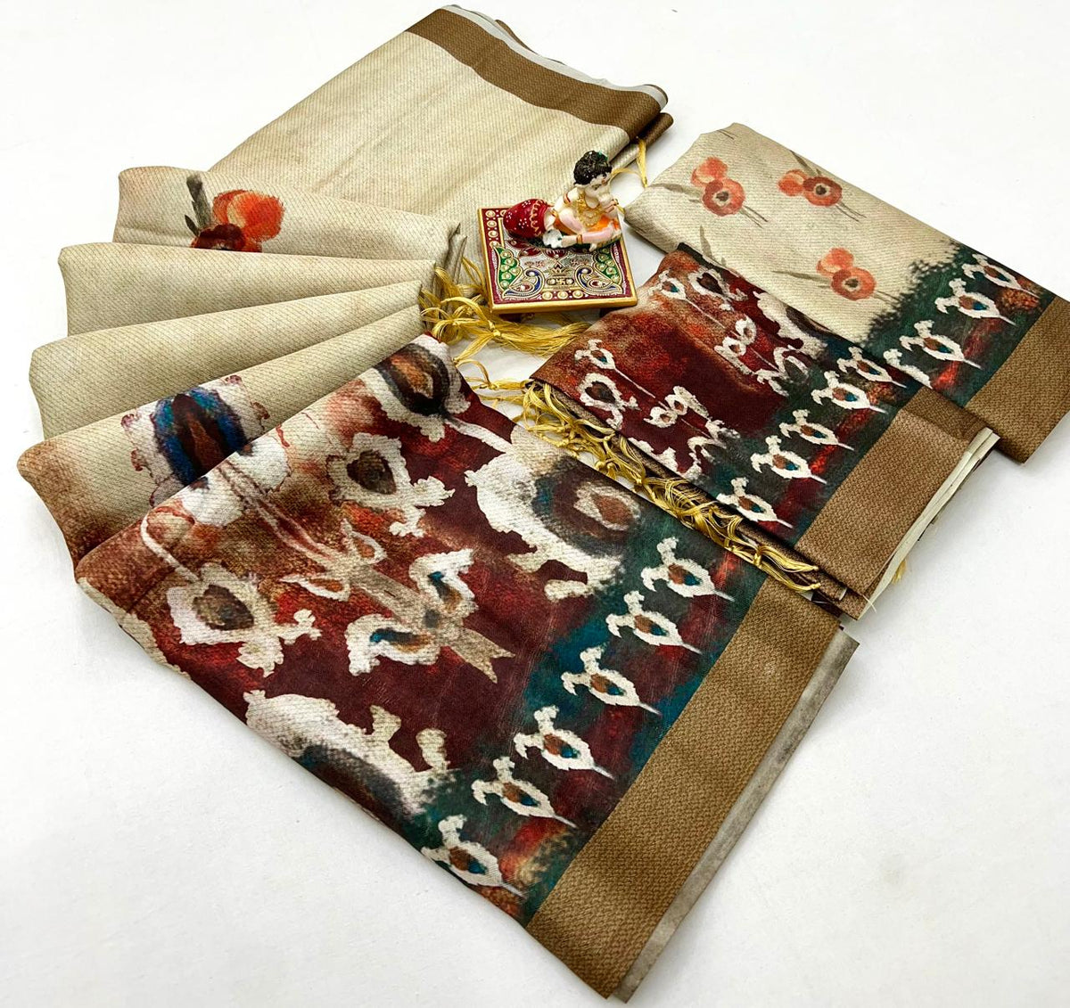 Cream Floral Printed Pashmina Saree With Shawl Set for Women