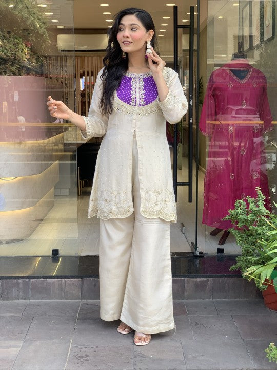 Cream Roman Silk Embroidered Top Palazzo Set Purple for Women