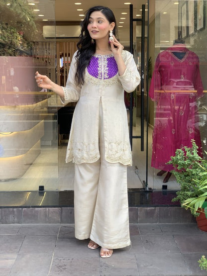 Cream Roman Silk Embroidered Top Palazzo Set Purple for Women