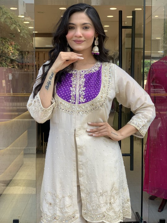 Cream Roman Silk Embroidered Top Palazzo Set Purple for Women