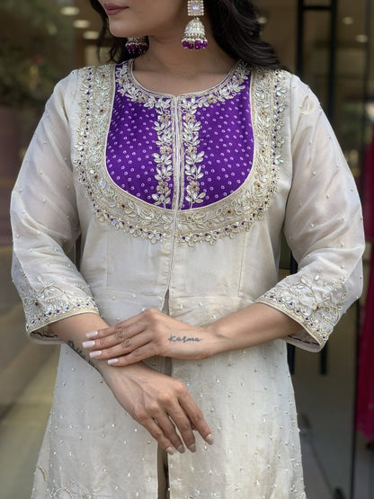 Cream Roman Silk Embroidered Top Palazzo Set Purple for Women