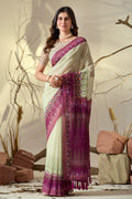 Elegant Cream Saree with Pink Geometric Print Pallu