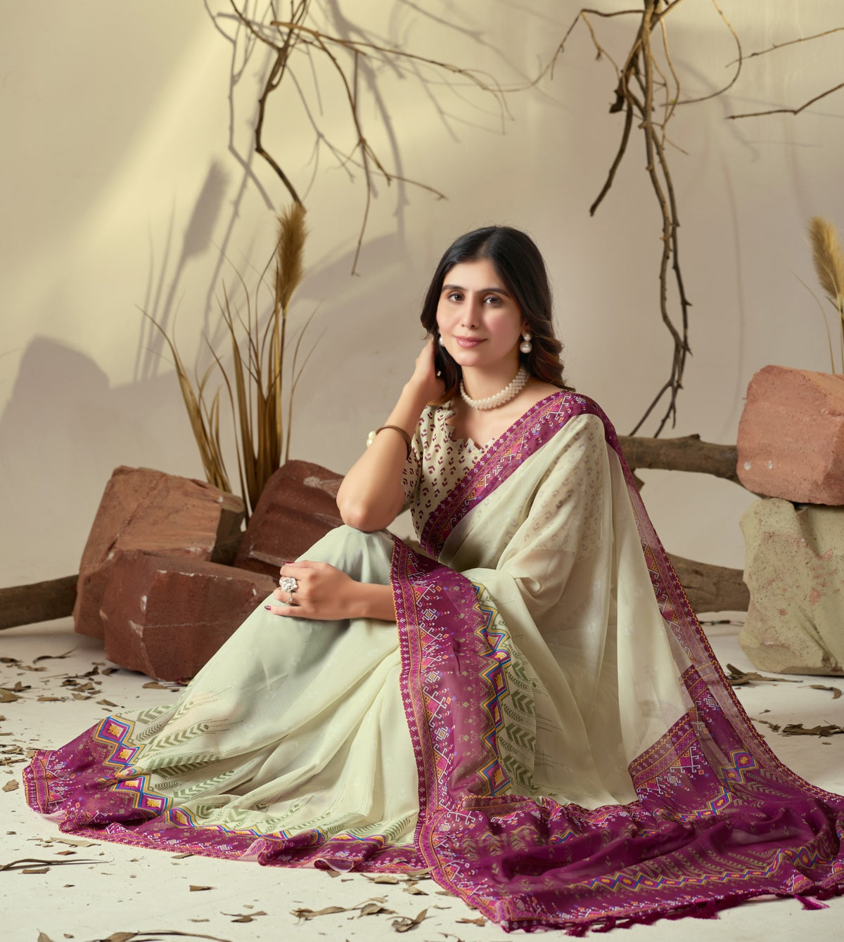 Elegant Cream Saree with Pink Geometric Print Pallu for Women