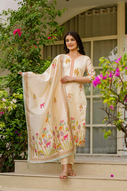 Cream Threadwork Assam Silk Readymade Salwar Suit for Women