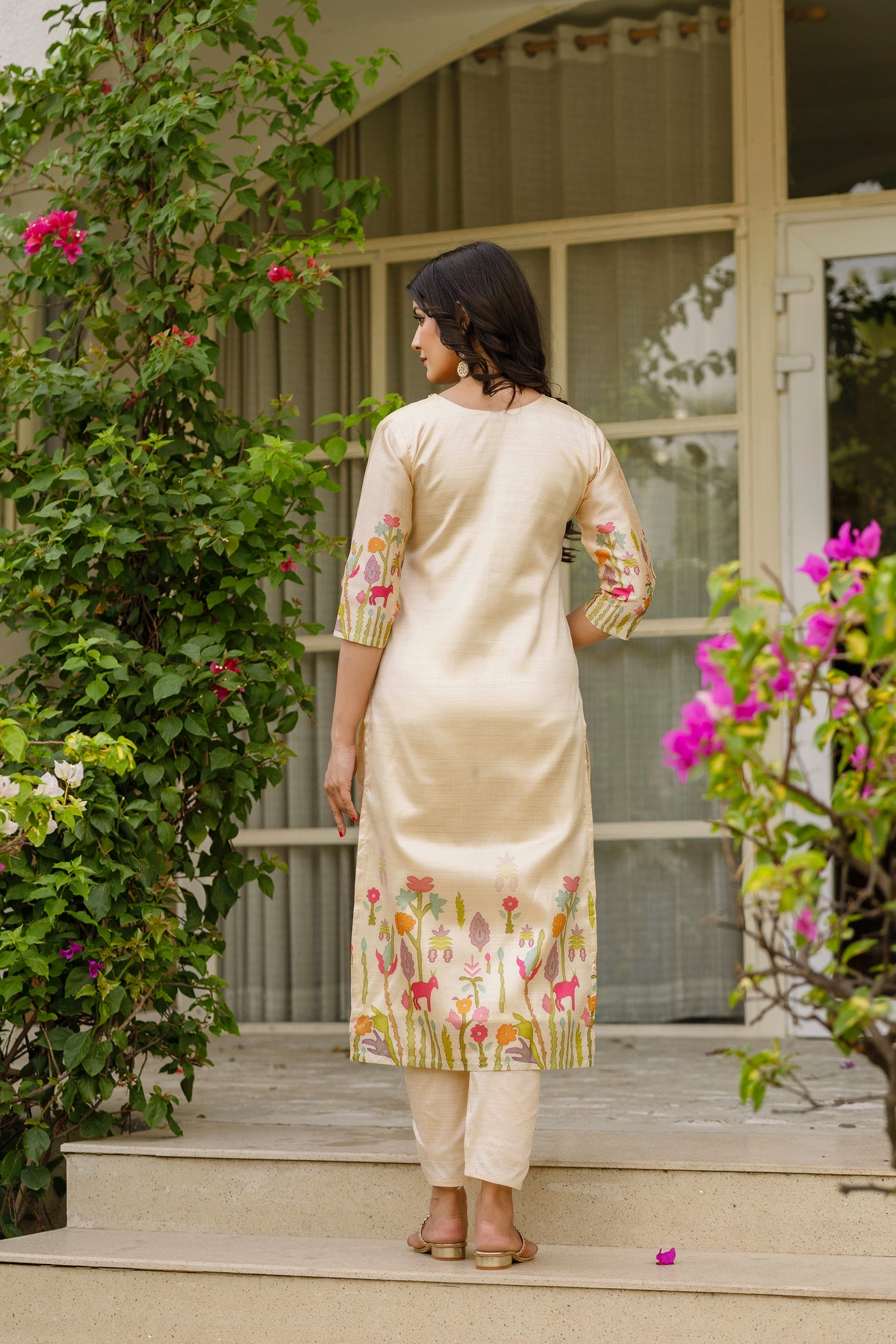 Cream Threadwork Assam Silk Readymade Salwar Suit for Women