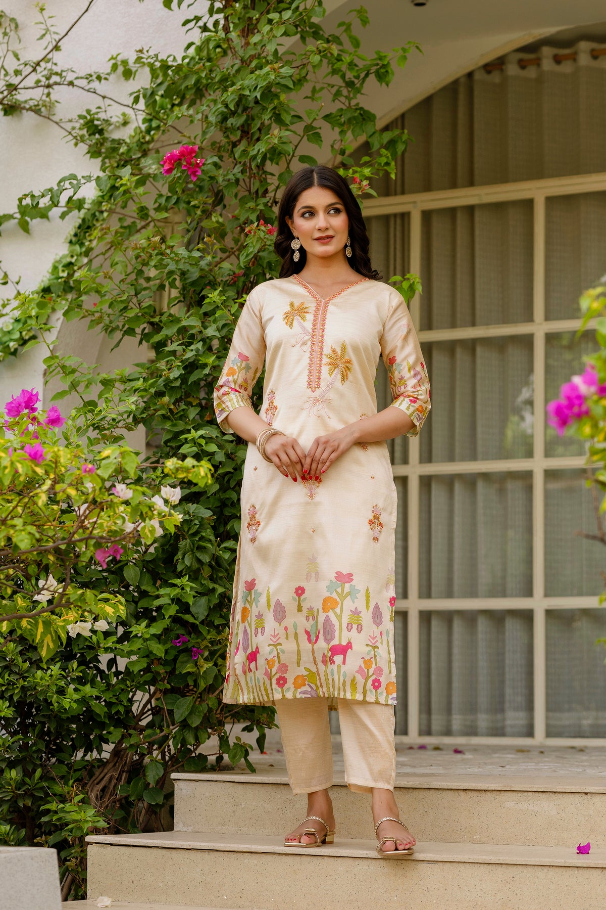Cream Threadwork Assam Silk Readymade Salwar Suit for Women