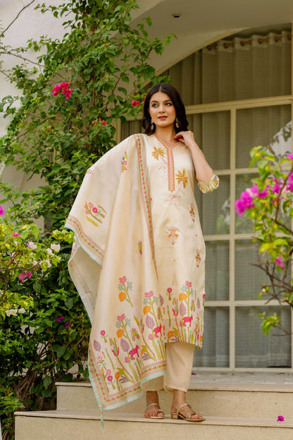 Cream Threadwork Assam Silk Readymade Salwar Suit for Women