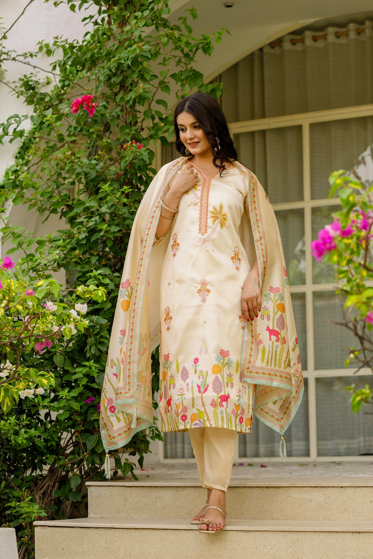 Cream Threadwork Assam Silk Readymade Salwar Suit for Women