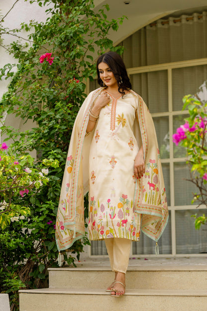 Cream Threadwork Assam Silk Readymade Salwar Suit for Women