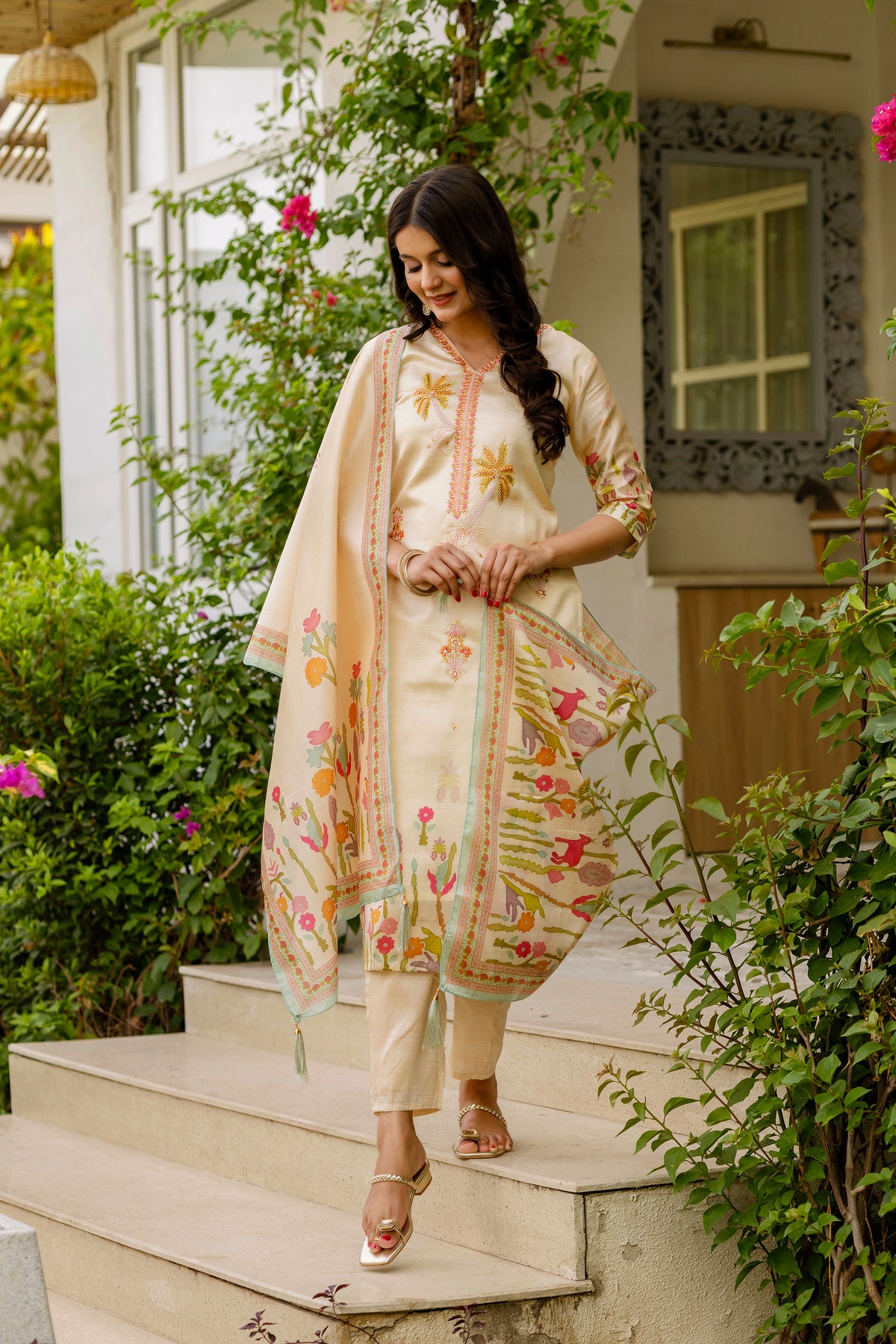 Cream Threadwork Assam Silk Readymade Salwar Suit for Women