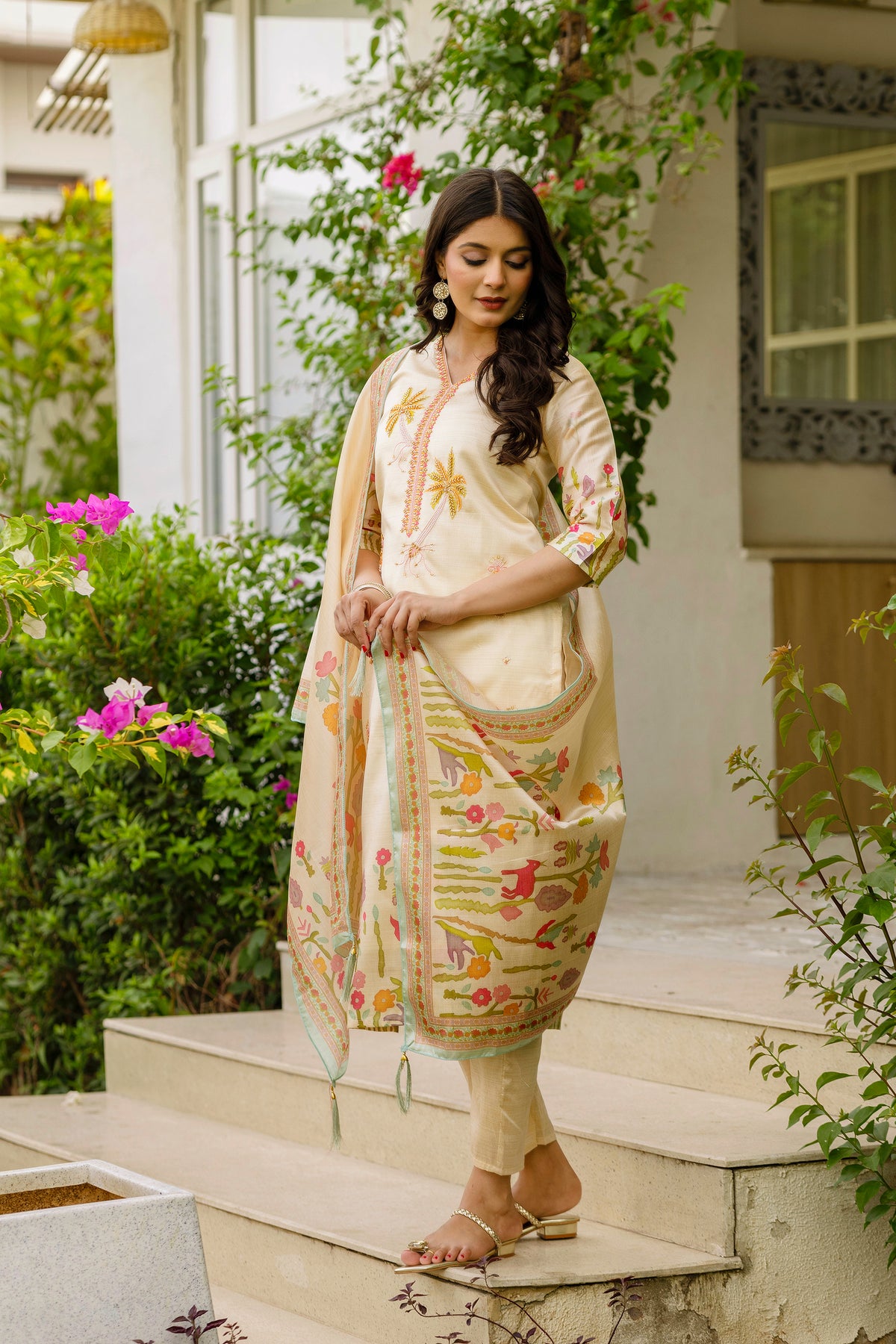 Cream Threadwork Assam Silk Readymade Salwar Suit for Women