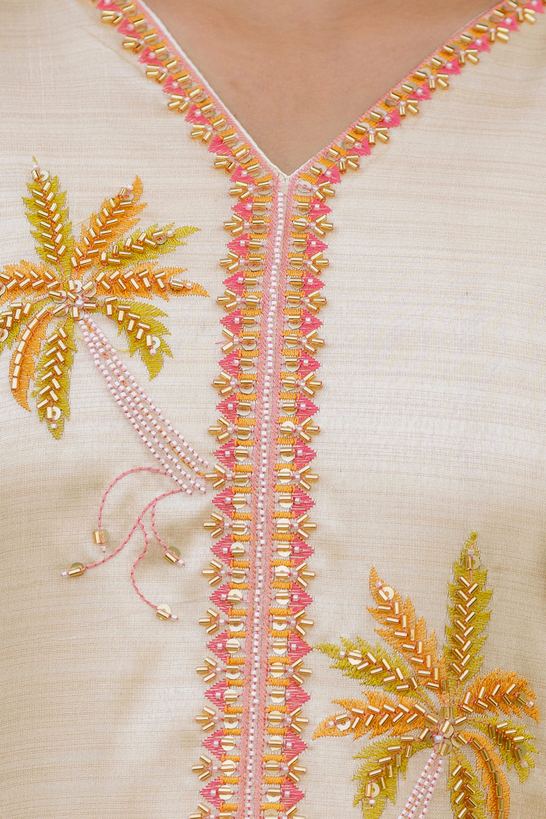 Cream Threadwork Assam Silk Readymade Salwar Suit for Women