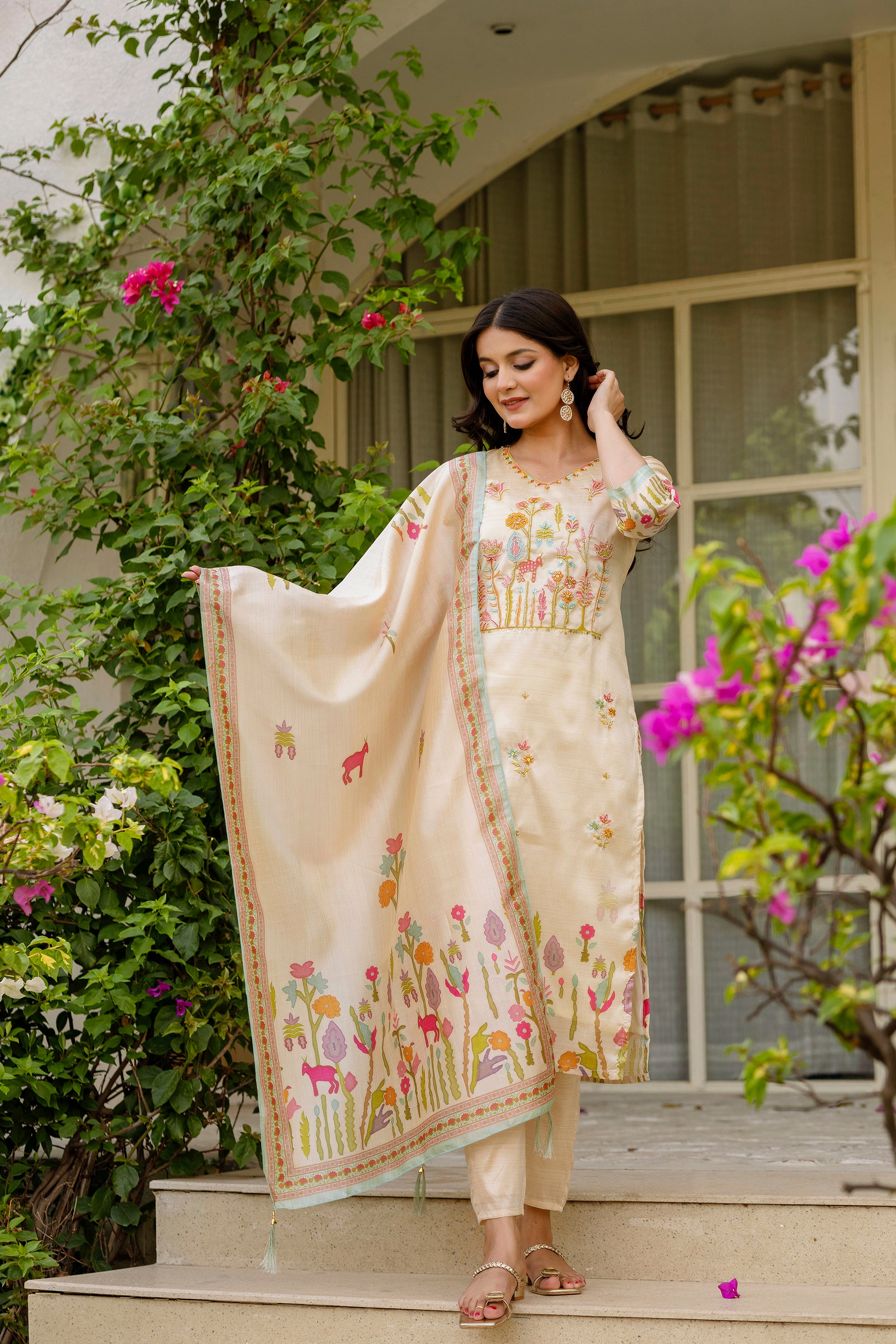 Cream Threadwork  Salwar Suit