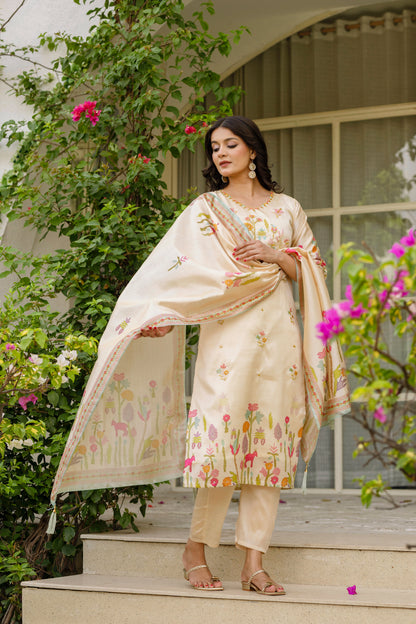 Cream Threadwork Salwar Suit for Women