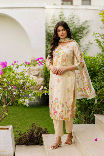 Cream Threadwork Salwar Suit for Women