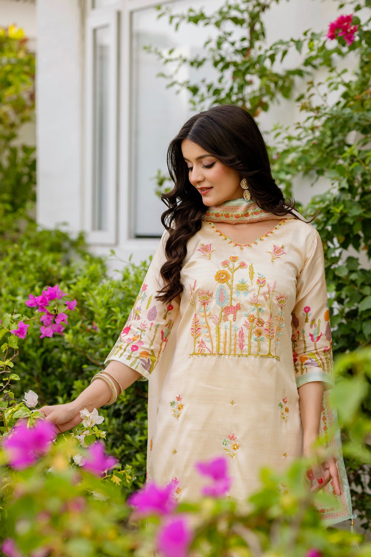 Cream Threadwork Salwar Suit for Women