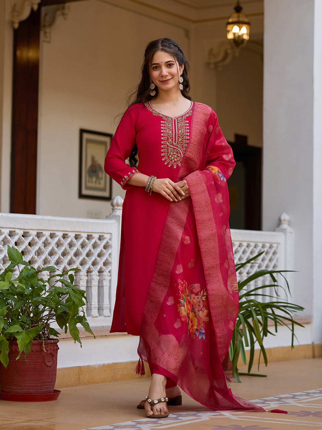 Cream Threadwork Viscose Chanderi Readymade Salwar Suit