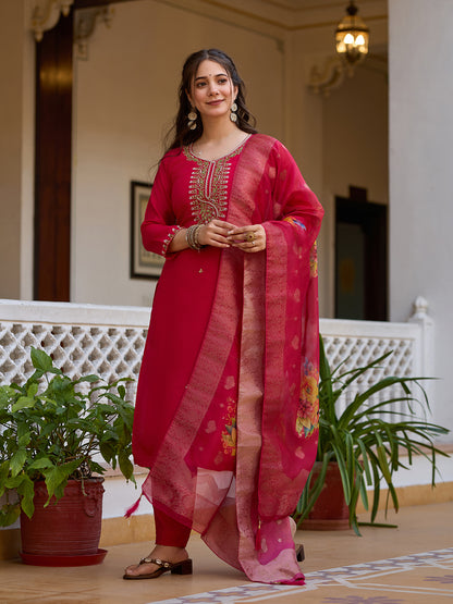 Cream Threadwork Viscose Chanderi Readymade Salwar Suit for Women