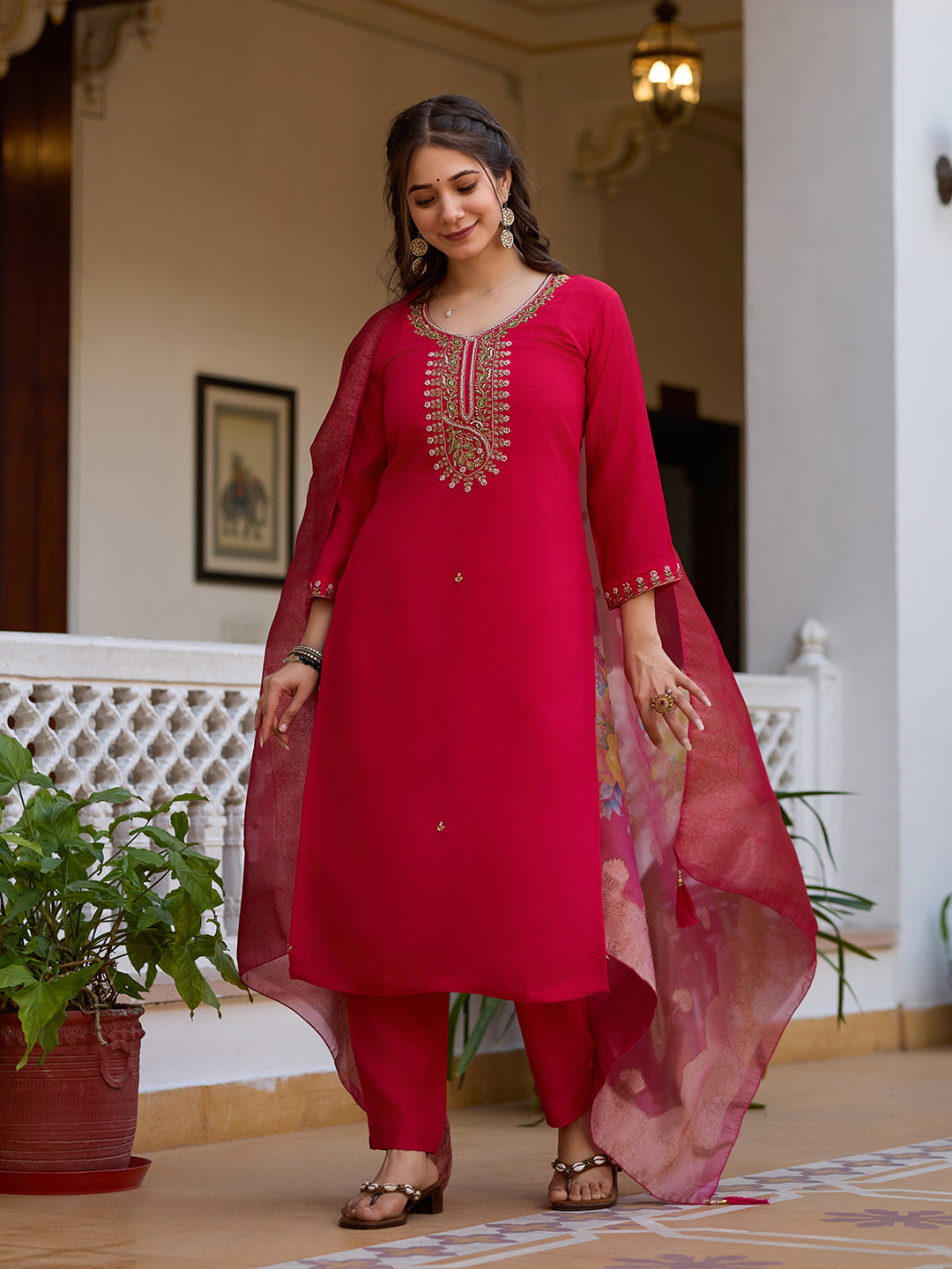 Cream Threadwork Viscose Chanderi Readymade Salwar Suit for Women