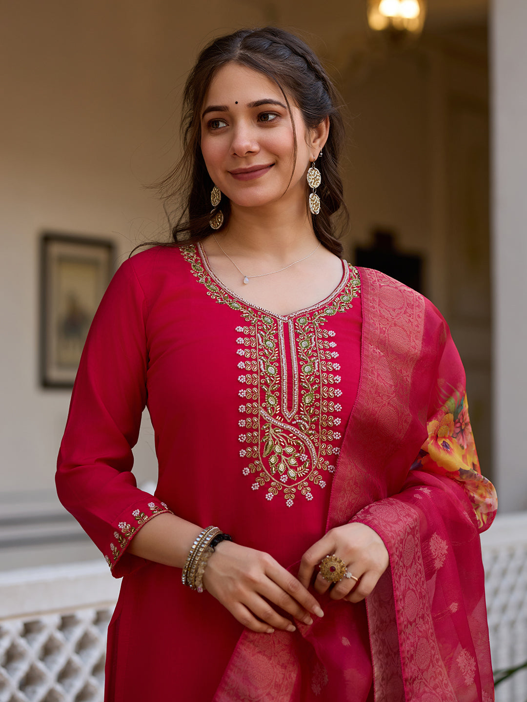 Cream Threadwork Viscose Chanderi Readymade Salwar Suit