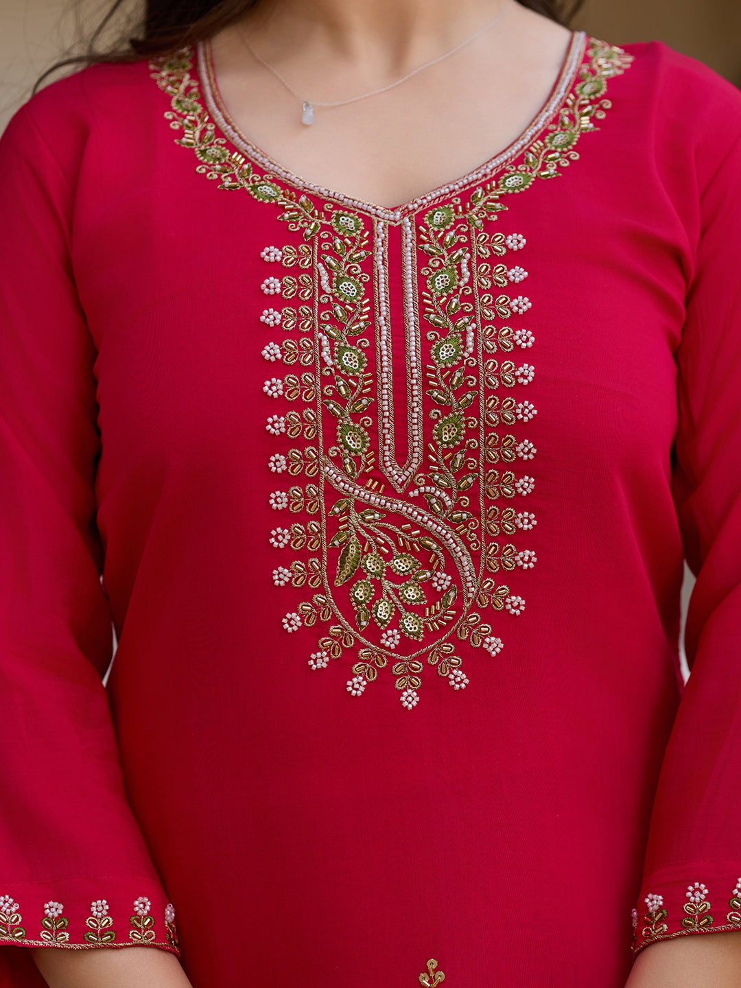 Cream Threadwork Viscose Chanderi Readymade Salwar Suit for Women