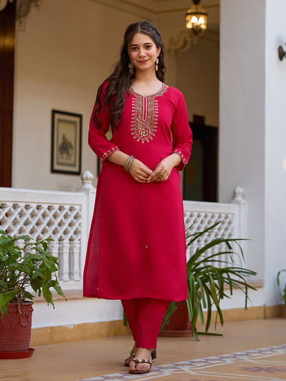 Cream Threadwork Viscose Chanderi Readymade Salwar Suit for Women