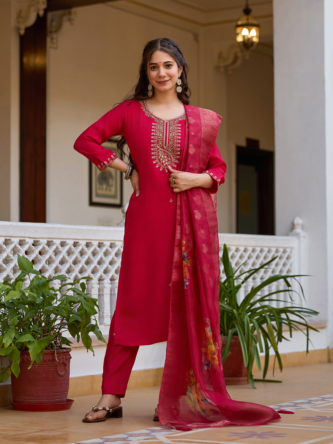 Cream Threadwork Viscose Chanderi Readymade Salwar Suit for Women