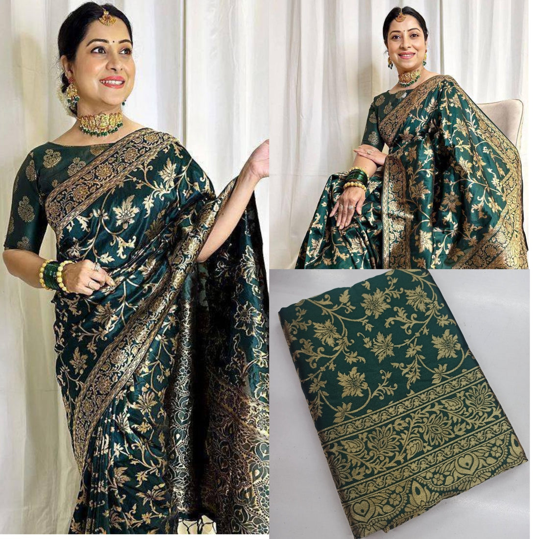 Dark Green Banarasi Lichi Silk Saree with Zari Work for Women