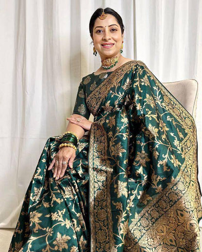 Dark Green Banarasi Lichi Silk Saree with Zari Work for Women