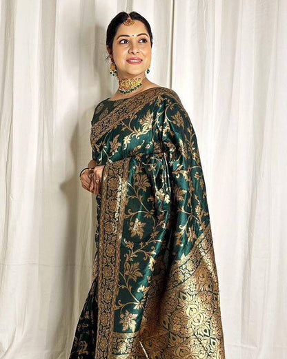 Dark Green Banarasi Lichi Silk Saree with Zari Work for Women