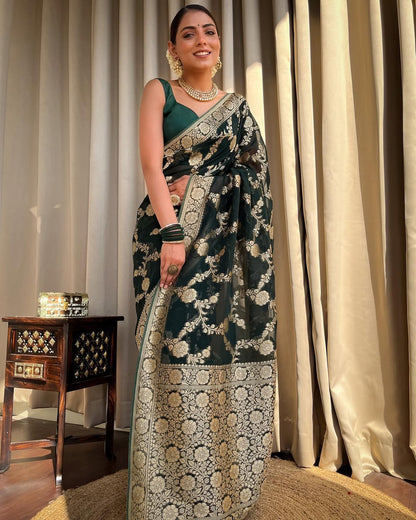 Dark Green Banarasi Silk Saree With Gold Jacquard Work for Women