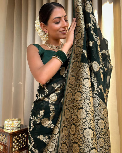 Dark Green Banarasi Silk Saree With Gold Jacquard Work for Women