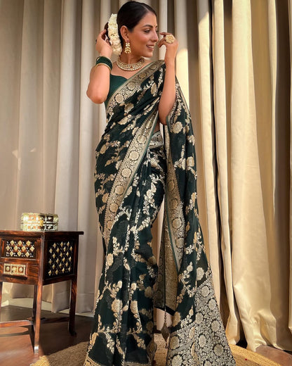 Dark Green Banarasi Silk Saree With Gold Jacquard Work for Women