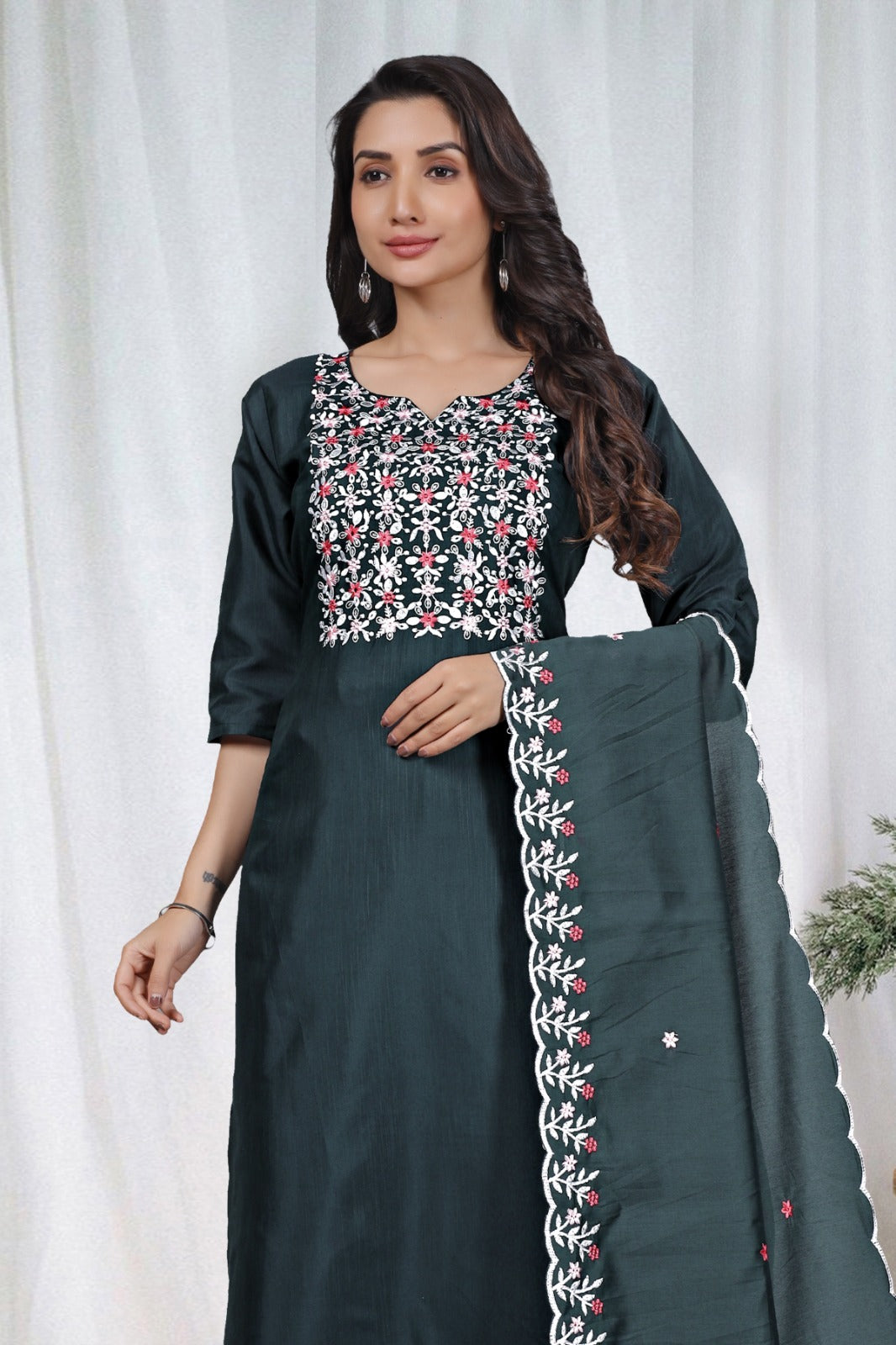 Dark Green Embroidered Kurta Pant Dupatta Set for Women