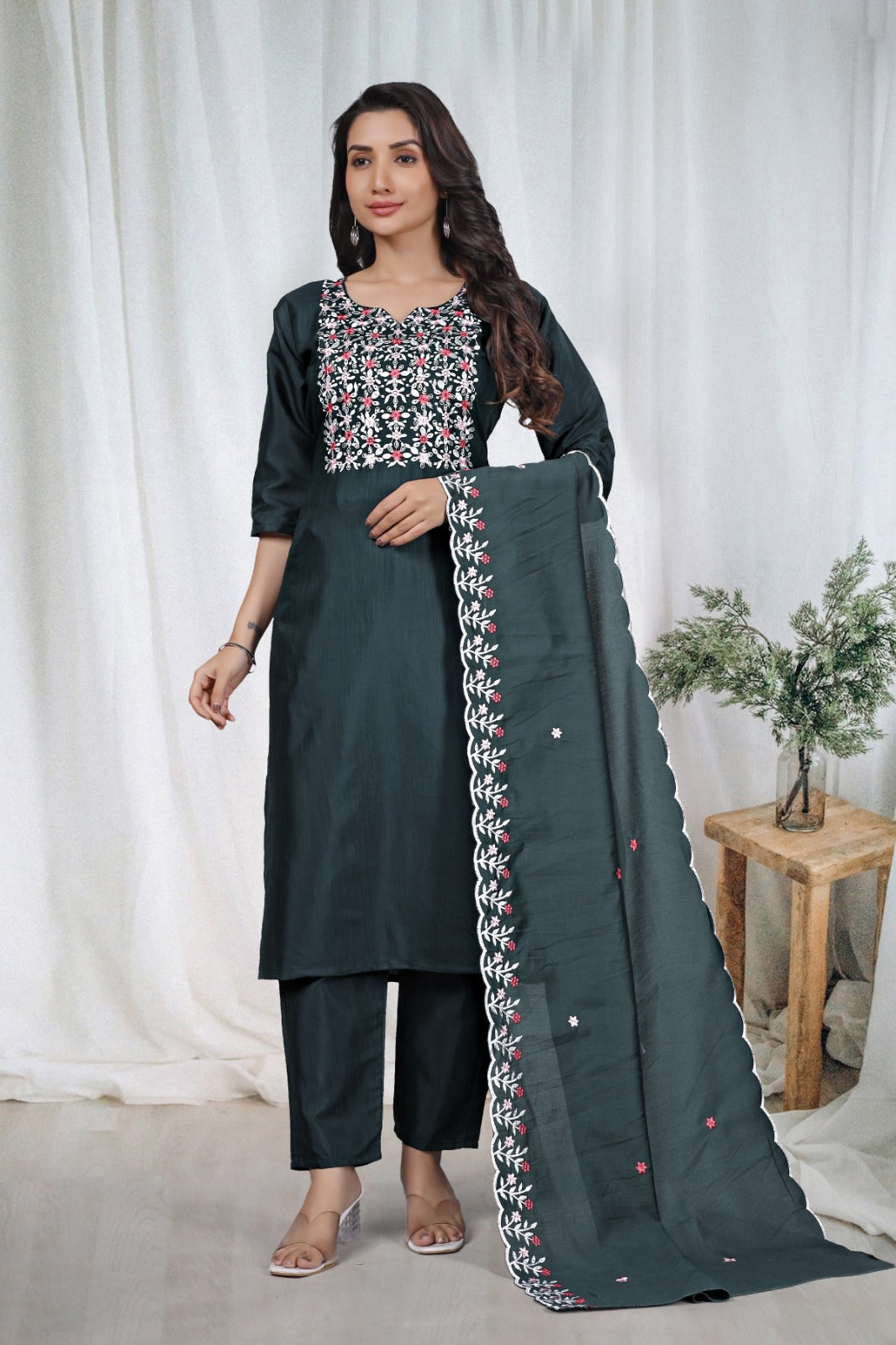 Dark Green Embroidered Kurta Pant Dupatta Set for Women