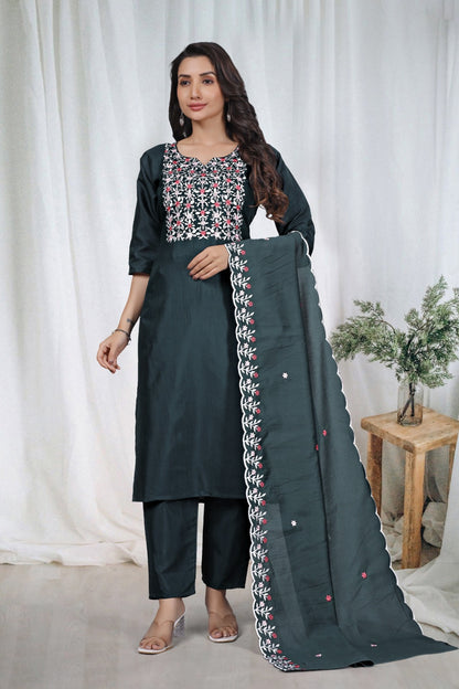 Dark Green Embroidered Kurta Pant Dupatta Set for Women