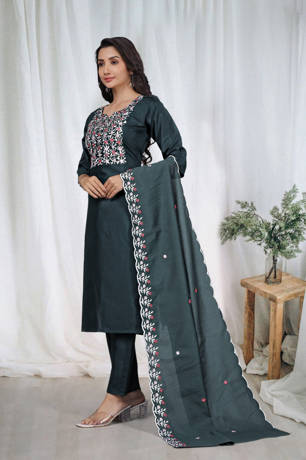 Dark Green Embroidered Kurta Pant Dupatta Set for Women