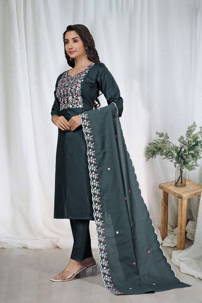 Dark Green Embroidered Kurta Pant Dupatta Set for Women
