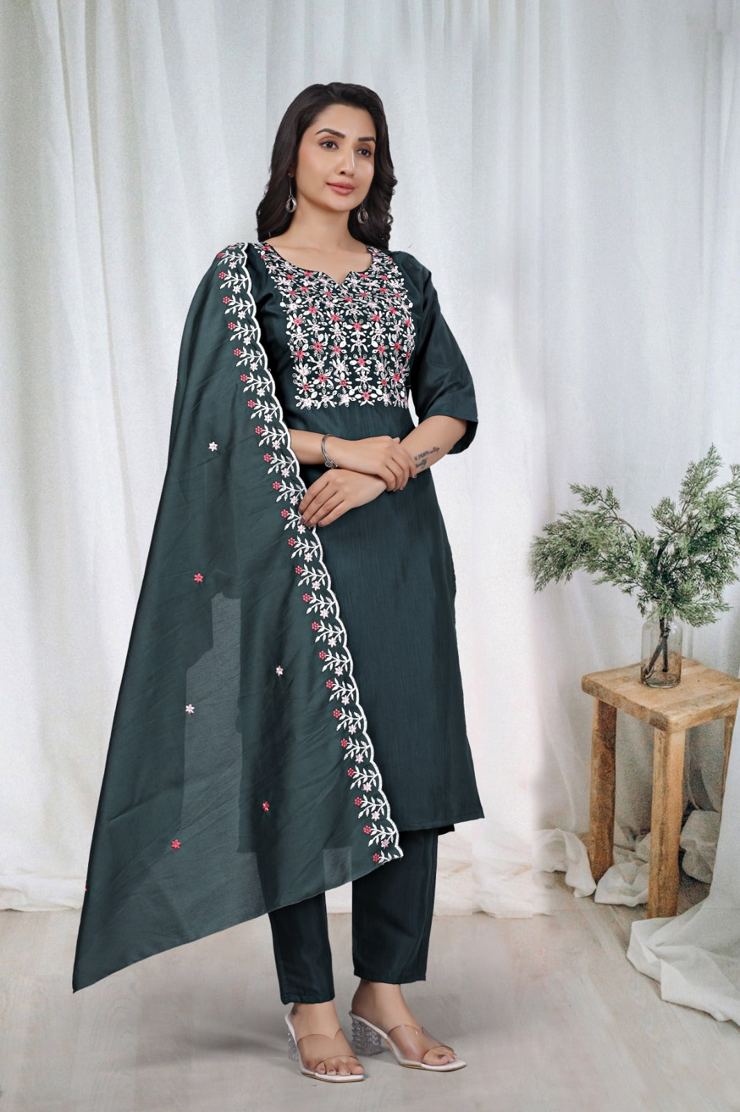 Dark Green Embroidered Kurta Pant Dupatta Set for Women