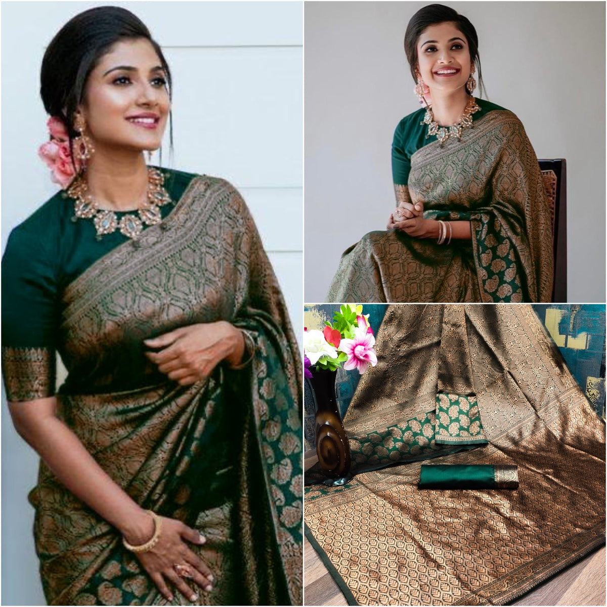 Dark Green Lichi Silk Saree with Rich Golden Jacquard for Women