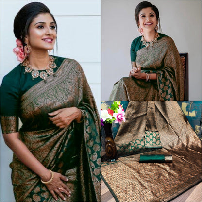Dark Green Lichi Silk Saree with Rich Golden Jacquard for Women