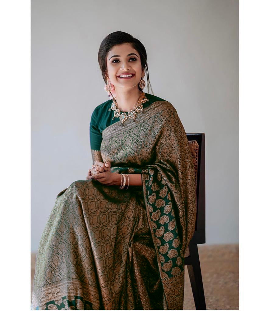 Dark Green Lichi Silk Saree with Rich Golden Jacquard for Women