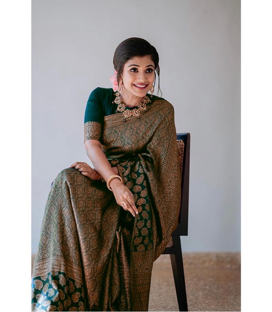 Dark Green Lichi Silk Saree with Rich Golden Jacquard for Women