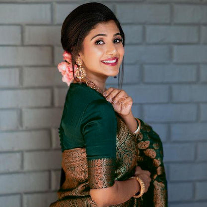 Dark Green Lichi Silk Saree with Rich Golden Jacquard for Women