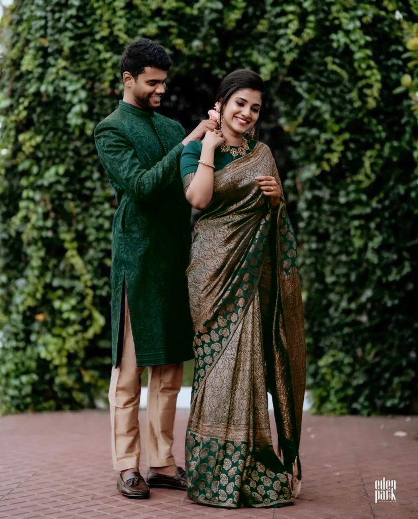 Dark Green Lichi Silk Saree with Rich Golden Jacquard for Women