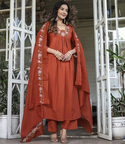 Dark Orange SlubElegance Embroidered Salwar Suit for Women