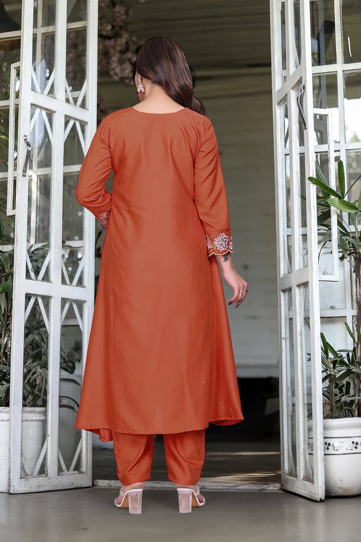 Dark Orange SlubElegance Embroidered Salwar Suit for Women