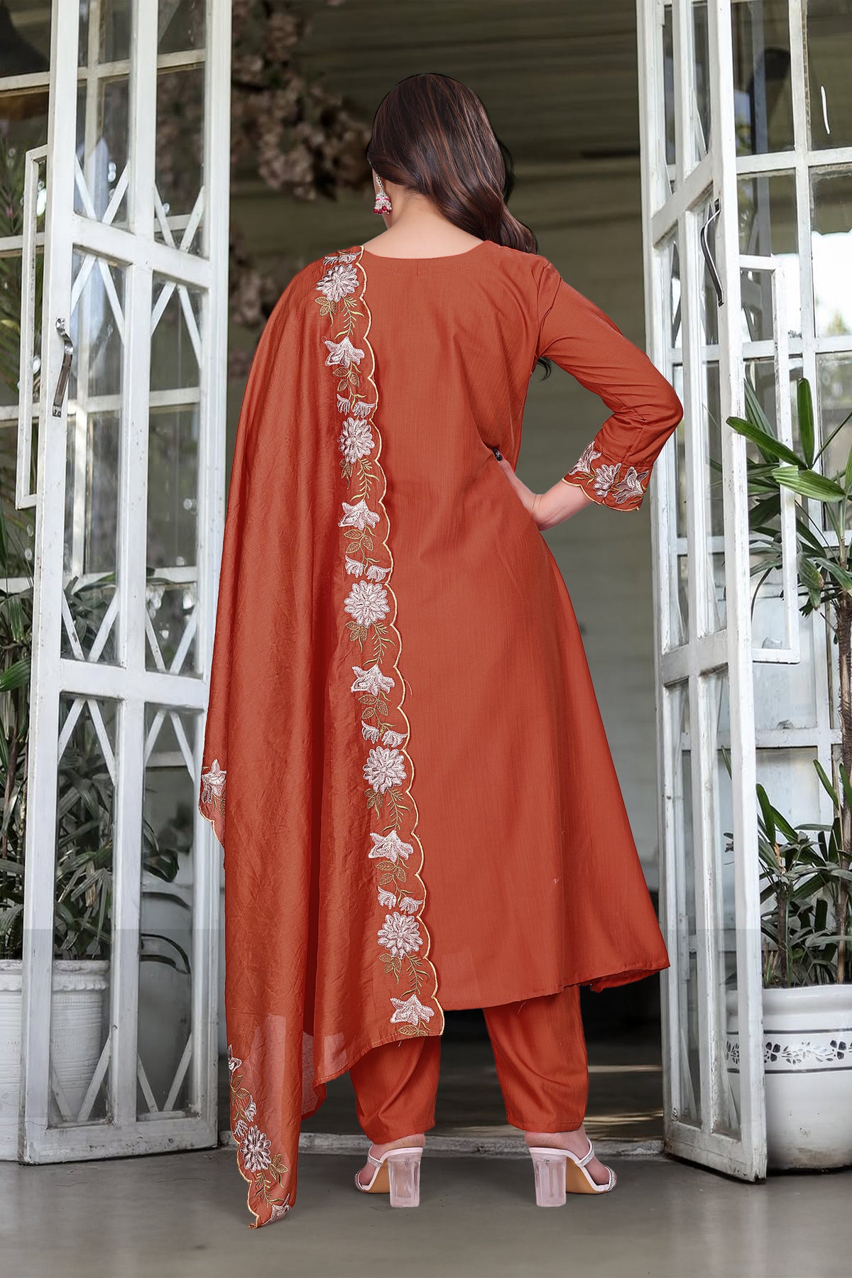 Dark Orange SlubElegance Embroidered Salwar Suit for Women