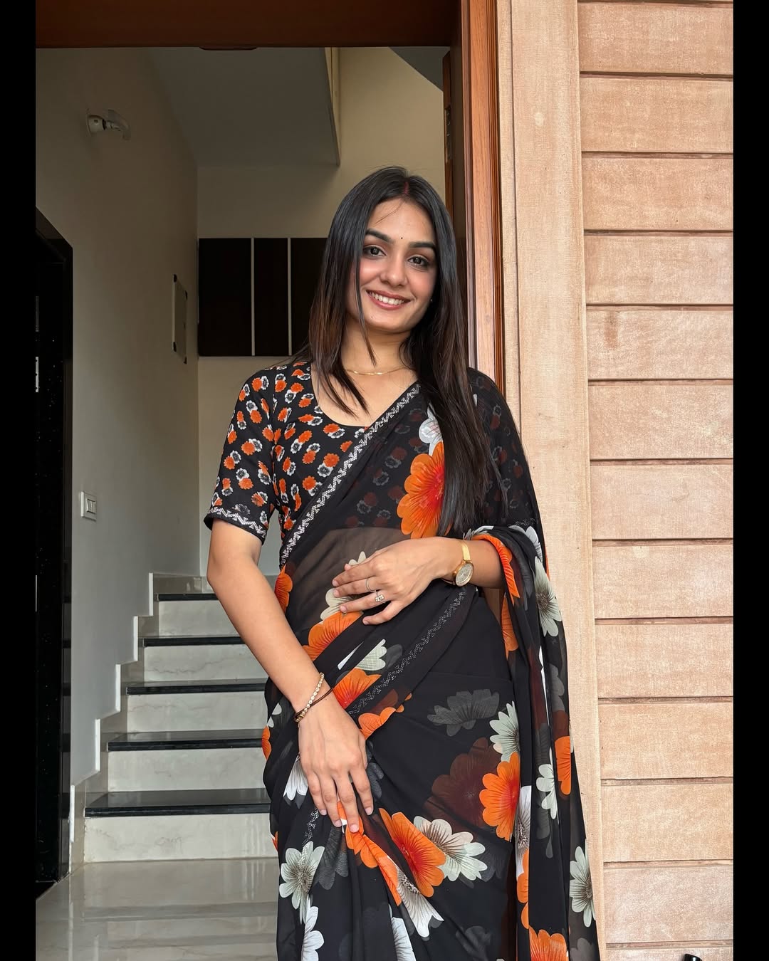 Designer Black Floral Saree With Sparkle Border Work for Women